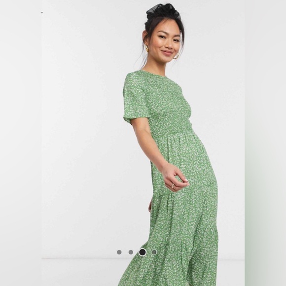 ASOS Wednesday’s Girl midi dress with shirred/smocked top in green floral print. - Picture 2 of 5